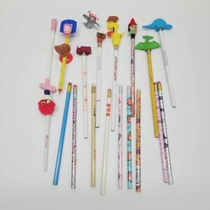 Vtg 80s-90s 18 Novelty Pencils w/ Toppers Pen Lot Ariel Odie Sports Advertising